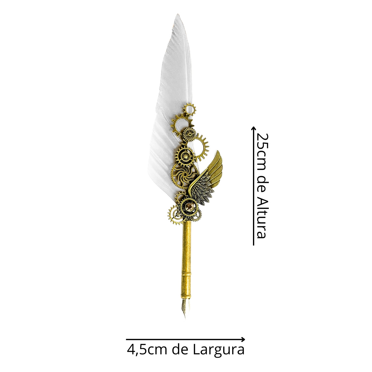 Kit Caneta Tinteiro de Pena Branca com Engrenagens e Carimbo Kit Caneta Tinteiro de Pena Branca com Engrenagens e Carimbo